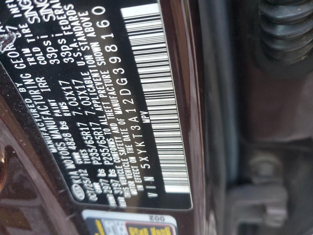 2013 Kia Sorento Lx VIN: 5XYKT3A12DG398160 Lot: 92497105