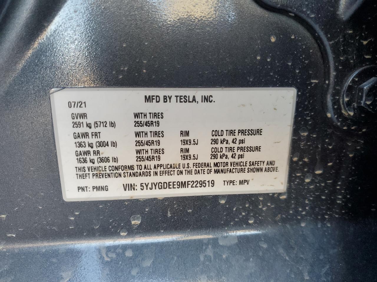 2021 Tesla Model Y VIN: 5YJYGDEE9MF229519 Lot: 92614785