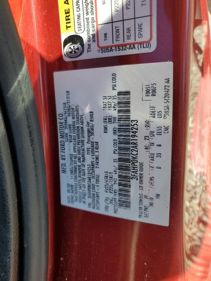 2010 Ford Fusion Sport VIN: 3FAHP0KC2AR194253 Lot: 85418185