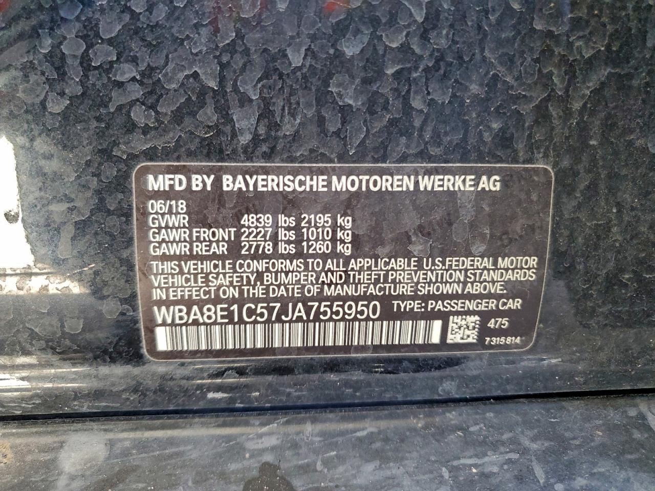 2018 BMW 330E VIN: WBA8E1C57JA755950 Lot: 94064645