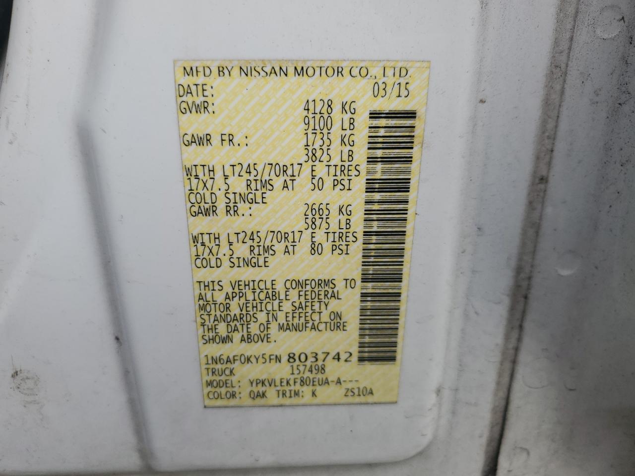 2015 Nissan Nv 2500 VIN: 1N6AF0KY5FN803742 Lot: 90571955