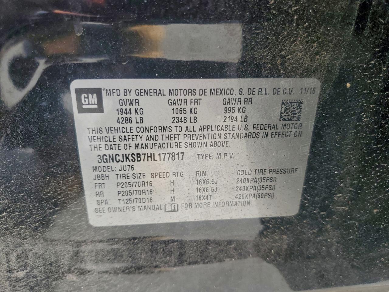 2017 Chevrolet Trax Ls VIN: 3GNCJKSB7HL177817 Lot: 93700575