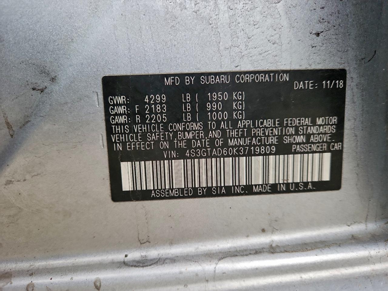 2019 Subaru Impreza Premium VIN: 4S3GTAD60K3719809 Lot: 93633965