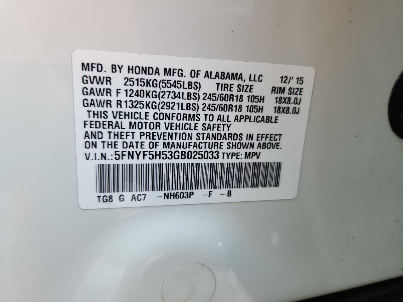 2016 Honda Pilot Exl VIN: 5FNYF5H53GB025033 Lot: 92811645