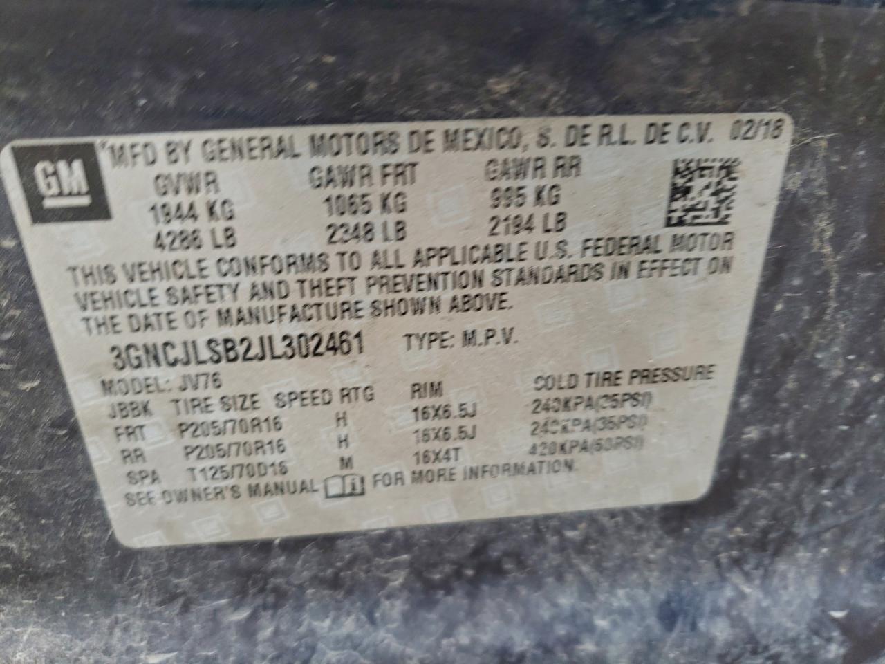 2018 Chevrolet Trax 1Lt VIN: 3GNCJLSB2JL302461 Lot: 93904065