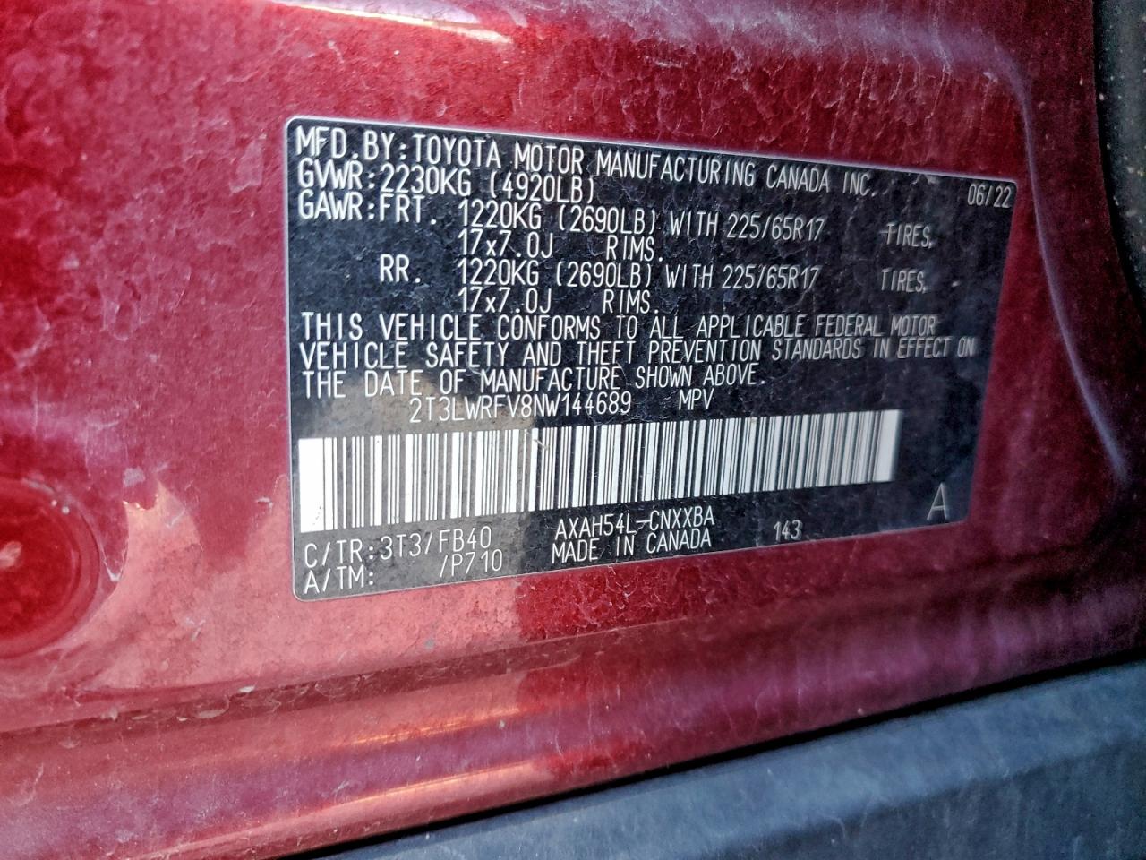 2022 Toyota Rav4 Le VIN: 2T3LWRFV8NW144689 Lot: 93760525