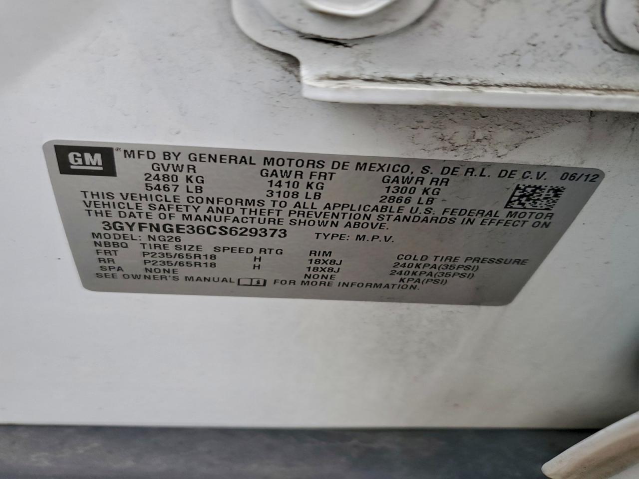 2012 Cadillac Srx VIN: 3GYFNGE36CS629373 Lot: 94165875