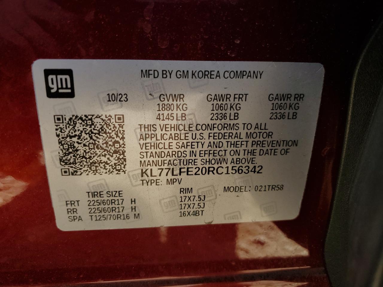 2024 Chevrolet Trax Ls VIN: KL77LFE20RC156342 Lot: 90821525