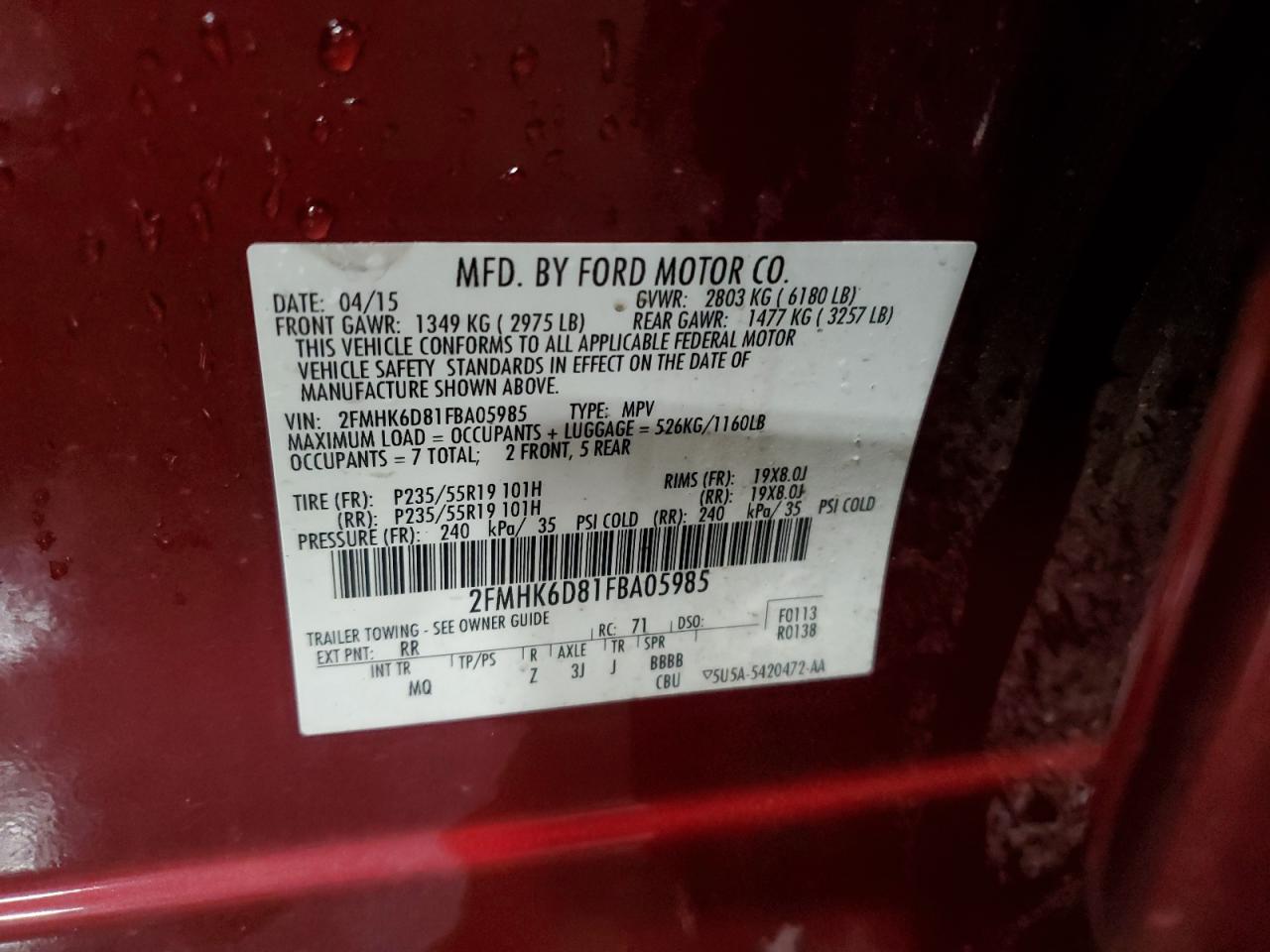 2015 Ford Flex Limited VIN: 2FMHK6D81FBA05985 Lot: 93007125