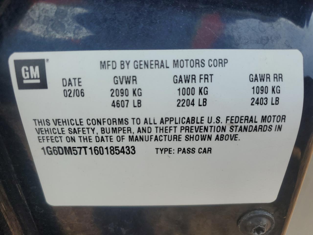 2006 Cadillac Cts VIN: 1G6DM57T160185433 Lot: 92914645