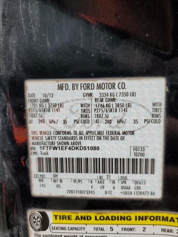 2013 Ford F150 Supercrew VIN: 1FTFW1EF4DKD51080 Lot: 93624895