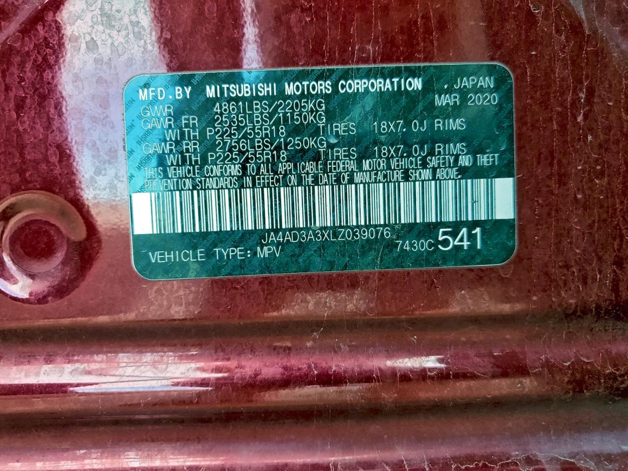 2020 Mitsubishi Outlander Se VIN: JA4AD3A3XLZ039076 Lot: 93976995