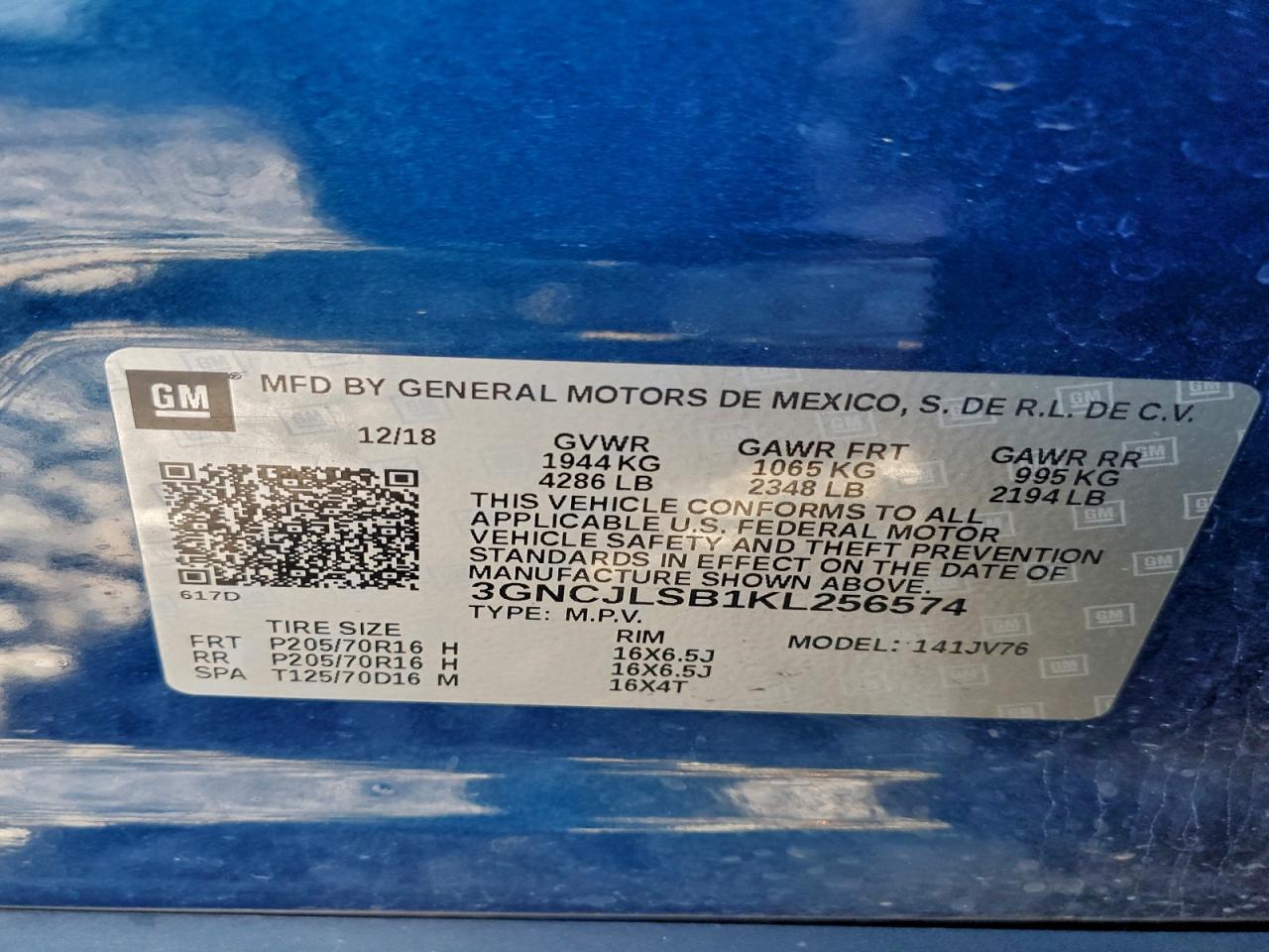 2019 Chevrolet Trax 1Lt VIN: 3GNCJLSB1KL256574 Lot: 93284355