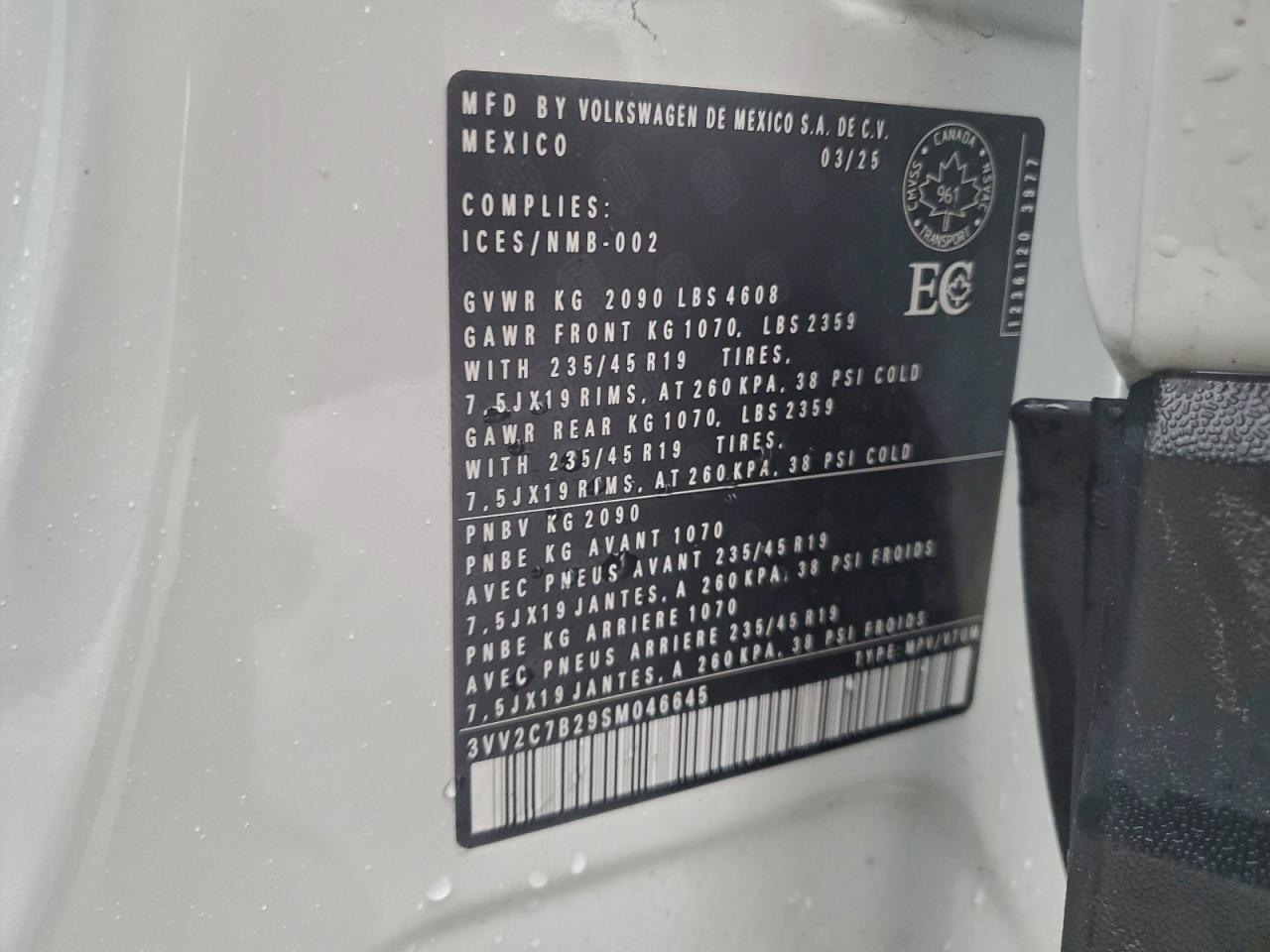 2025 Volkswagen Taos Se Black VIN: 3VV2C7B29SM046645 Lot: 93886535