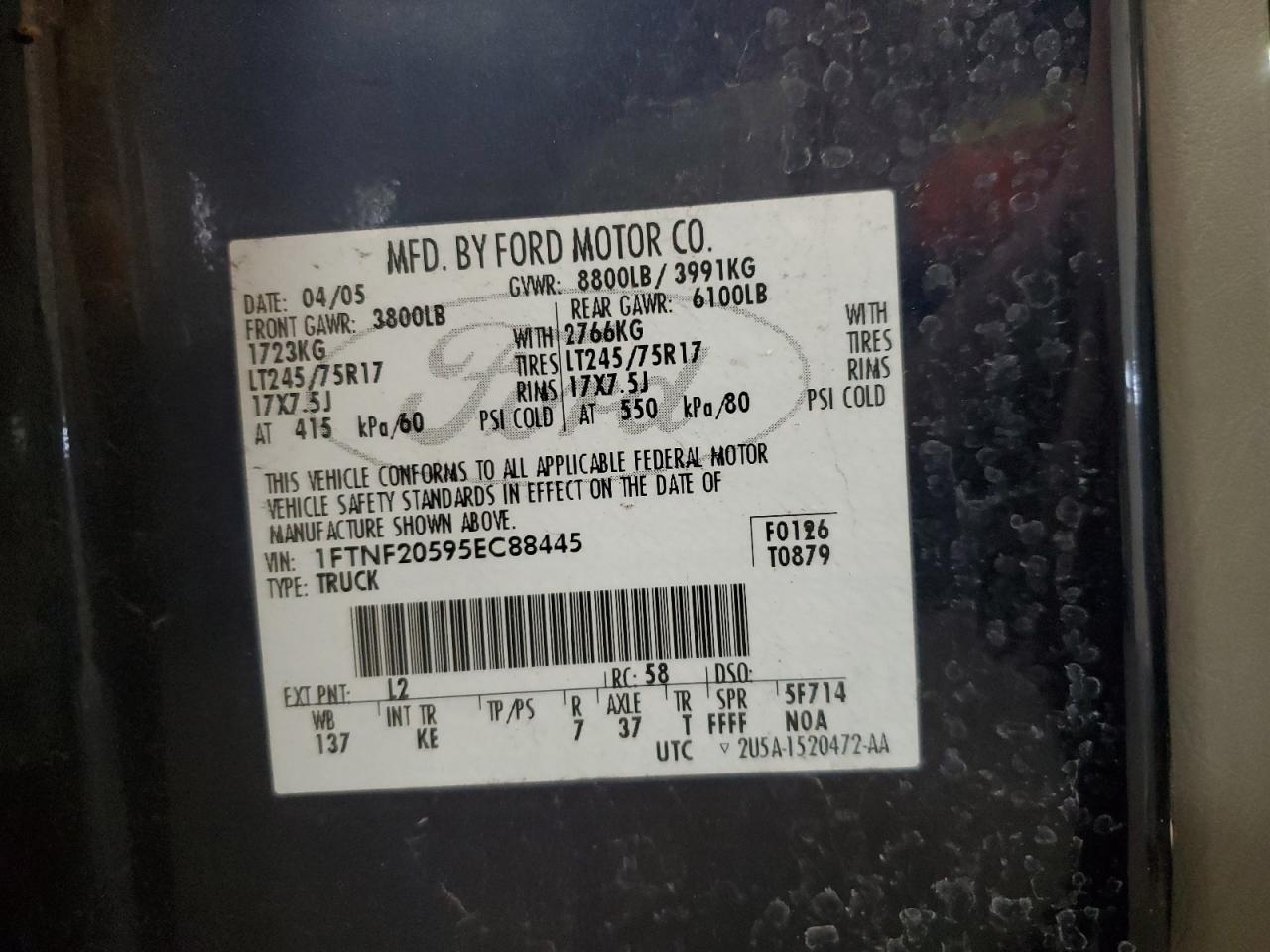 2005 Ford F250 Super Duty VIN: 1FTNF20595EC88445 Lot: 93056525