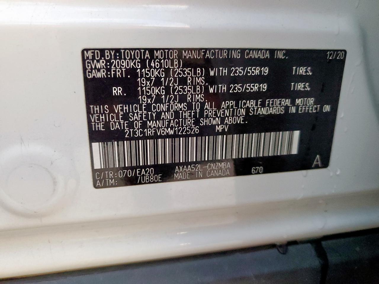 2021 Toyota Rav4 Xle Premium VIN: 2T3C1RFV6MW122526 Lot: 91055175