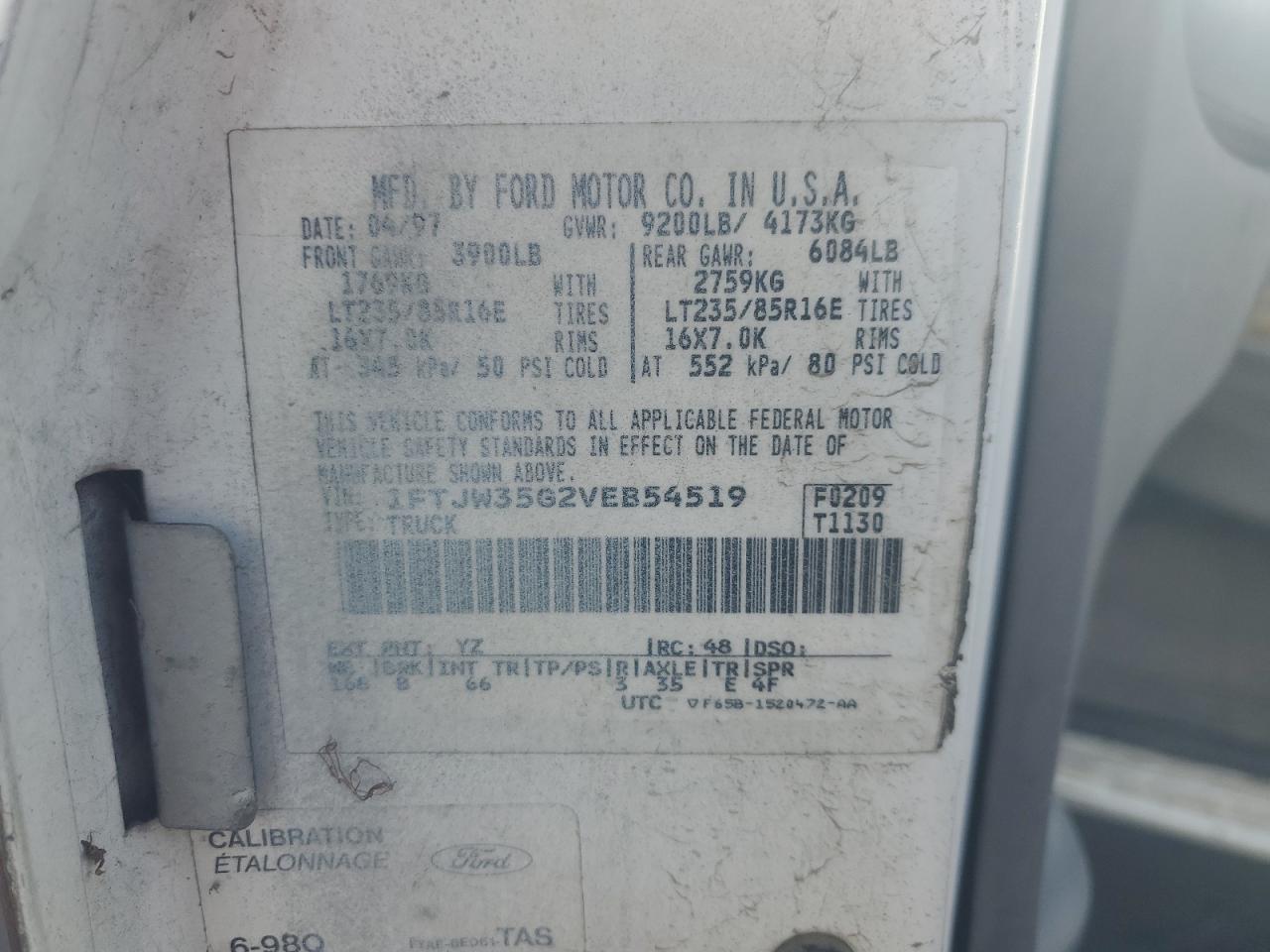 1997 Ford F350 VIN: 1FTJW35G2VEB54519 Lot: 93384455