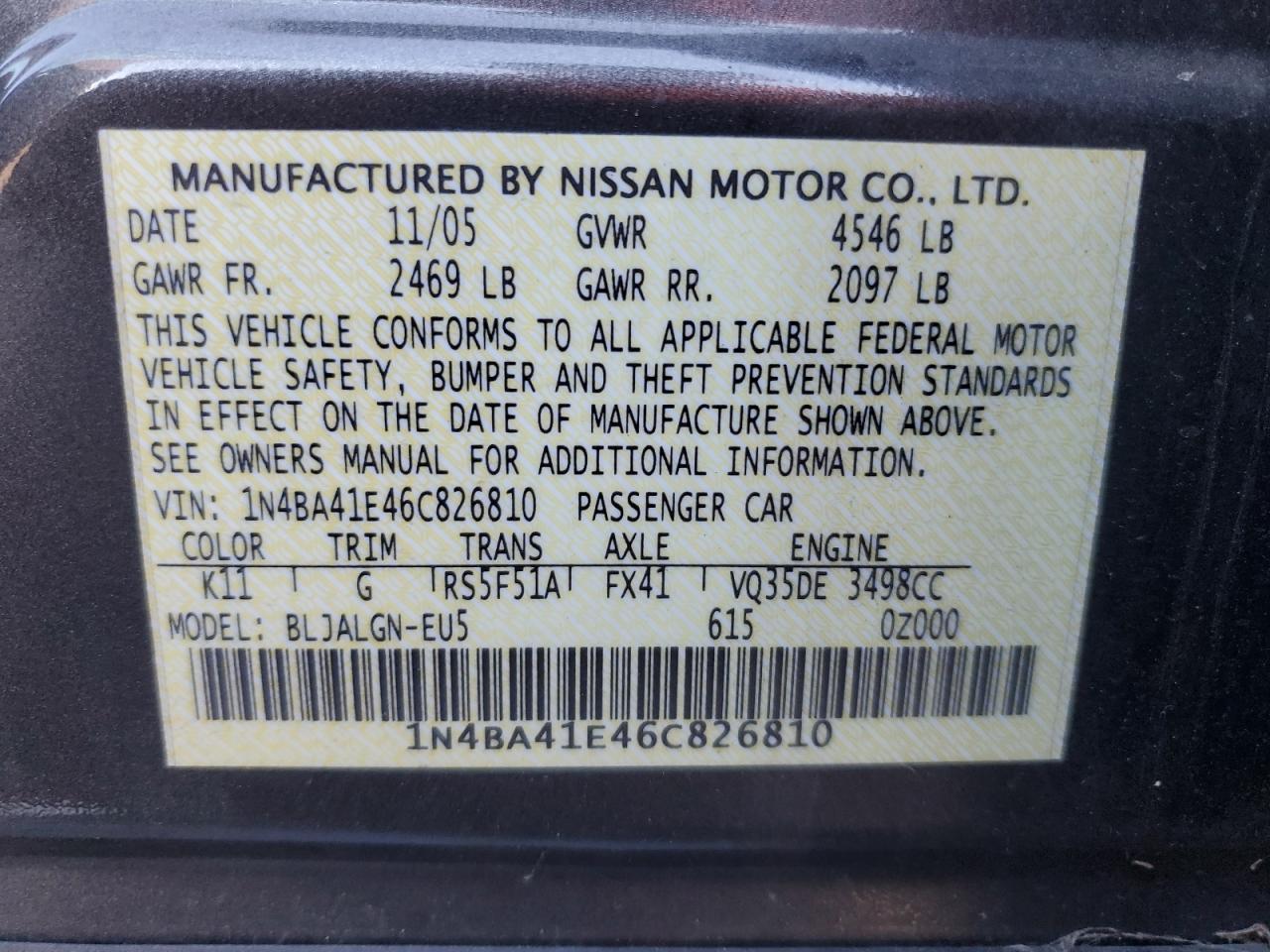 2006 Nissan Maxima Se VIN: 1N4BA41E46C826810 Lot: 91681505