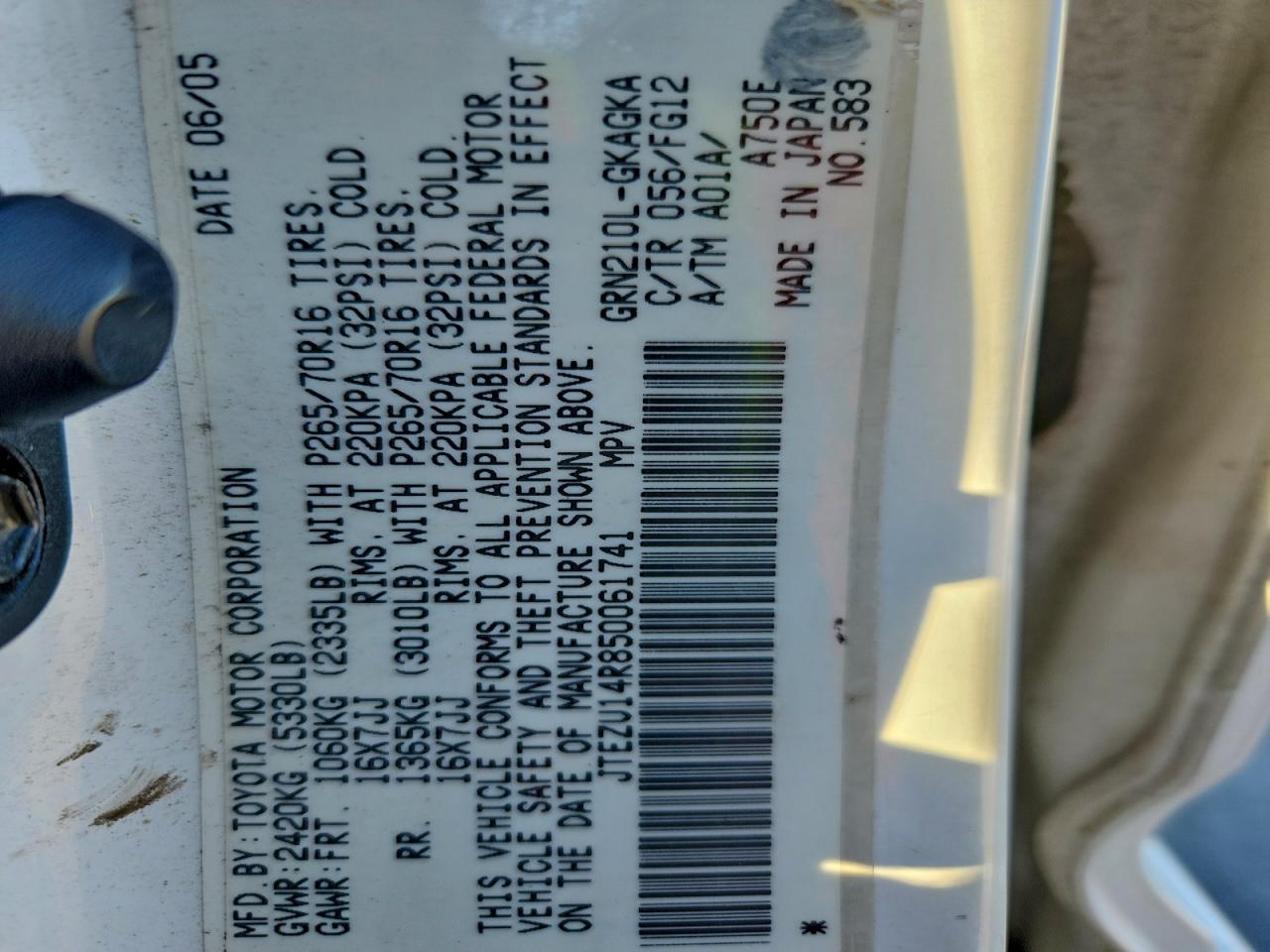 2005 Toyota 4Runner Sr5 VIN: JTEZU14R850061741 Lot: 94552965