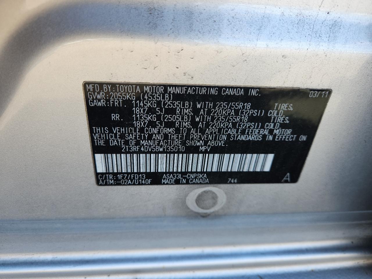 2011 Toyota Rav4 Sport VIN: 2T3RF4DV5BW135010 Lot: 92544725