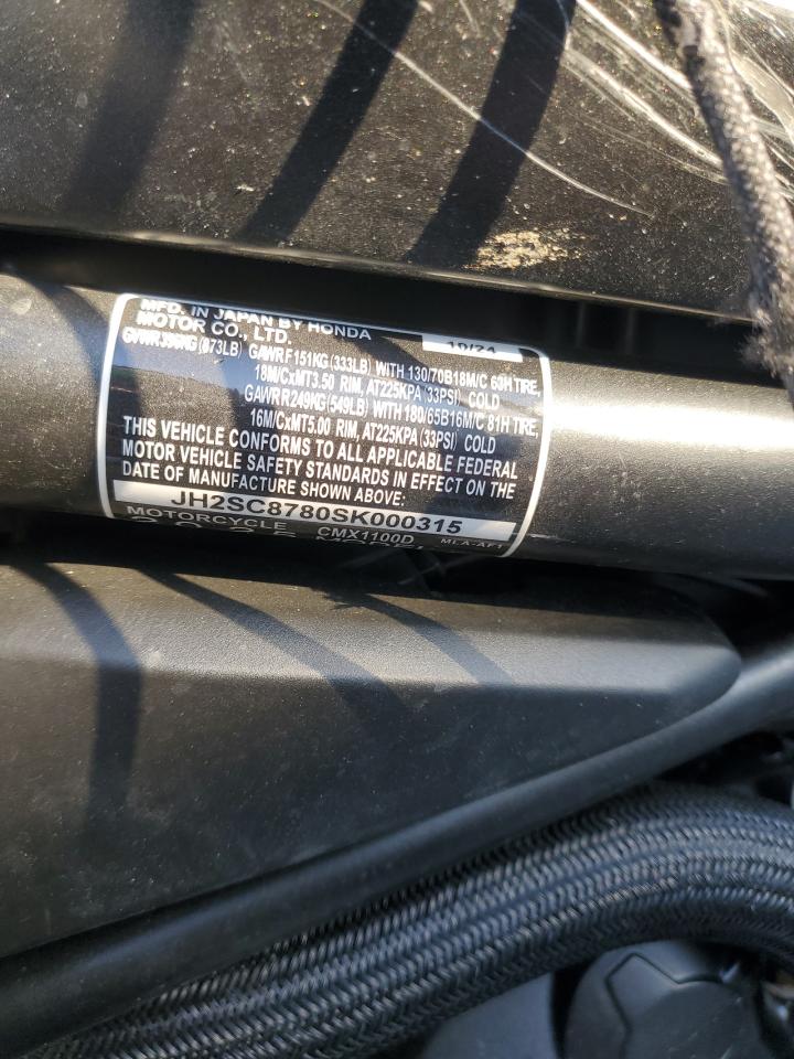2025 Honda Cmx1100 D VIN: JH2SC8780SK000315 Lot: 92104165