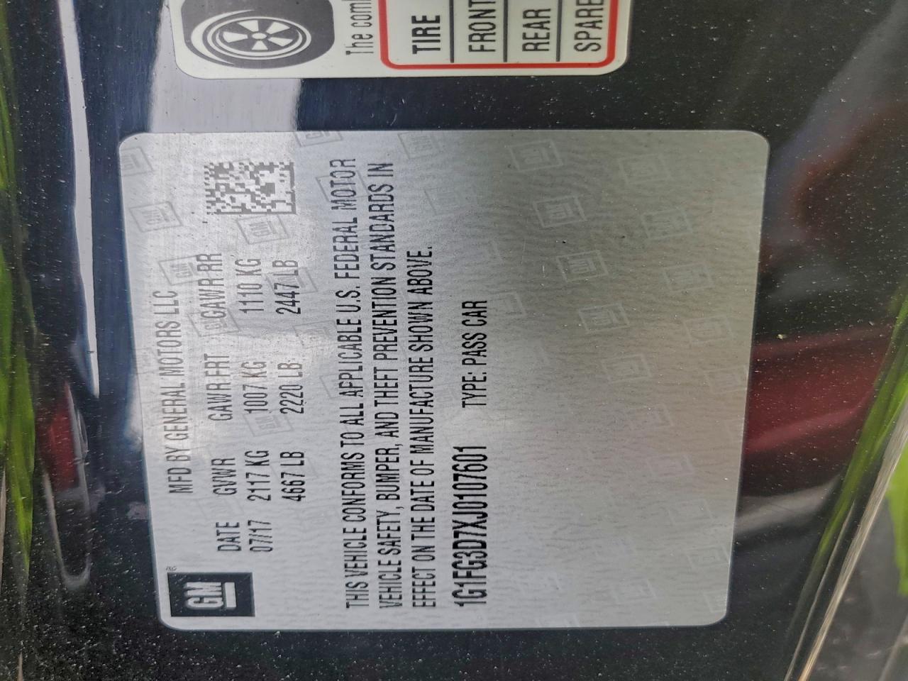 2018 Chevrolet Camaro Ss VIN: 1G1FG3D7XJ0107601 Lot: 93557975