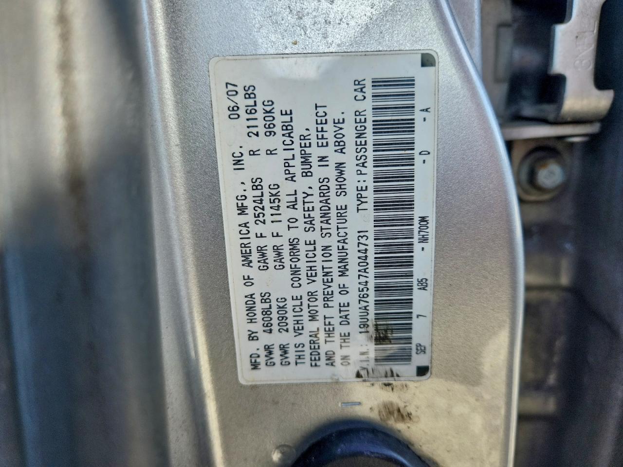 2007 Acura Tl Type S VIN: 19UUA76547A044731 Lot: 94658745