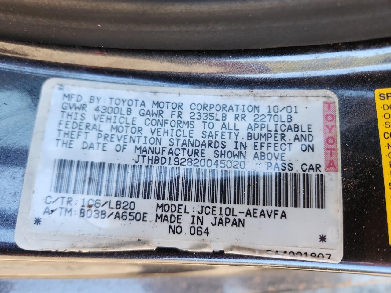 2002 Lexus Is 300 VIN: JTHBD192820045020 Lot: 91173195