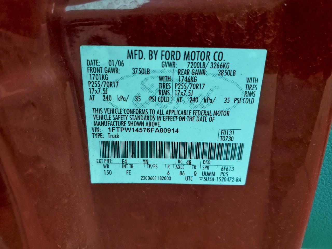 2006 Ford F150 Supercrew VIN: 1FTPW14576FA80914 Lot: 94029325