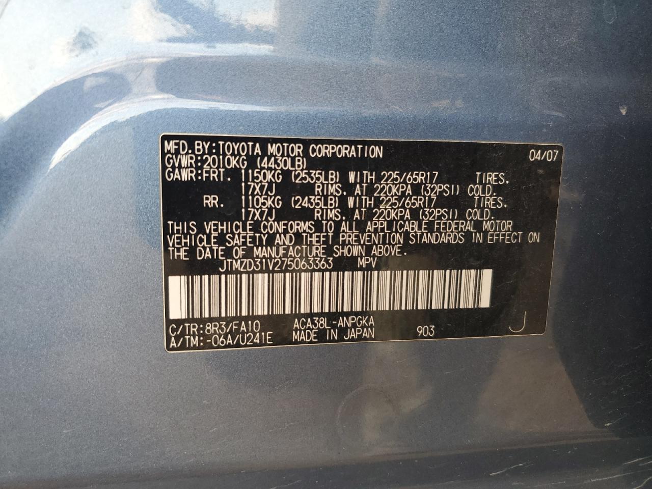 2007 Toyota Rav4 Limited VIN: JTMZD31V275063363 Lot: 91445535