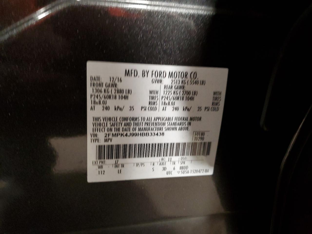 2017 Ford Edge Sel VIN: 2FMPK4J99HBB33438 Lot: 91843245