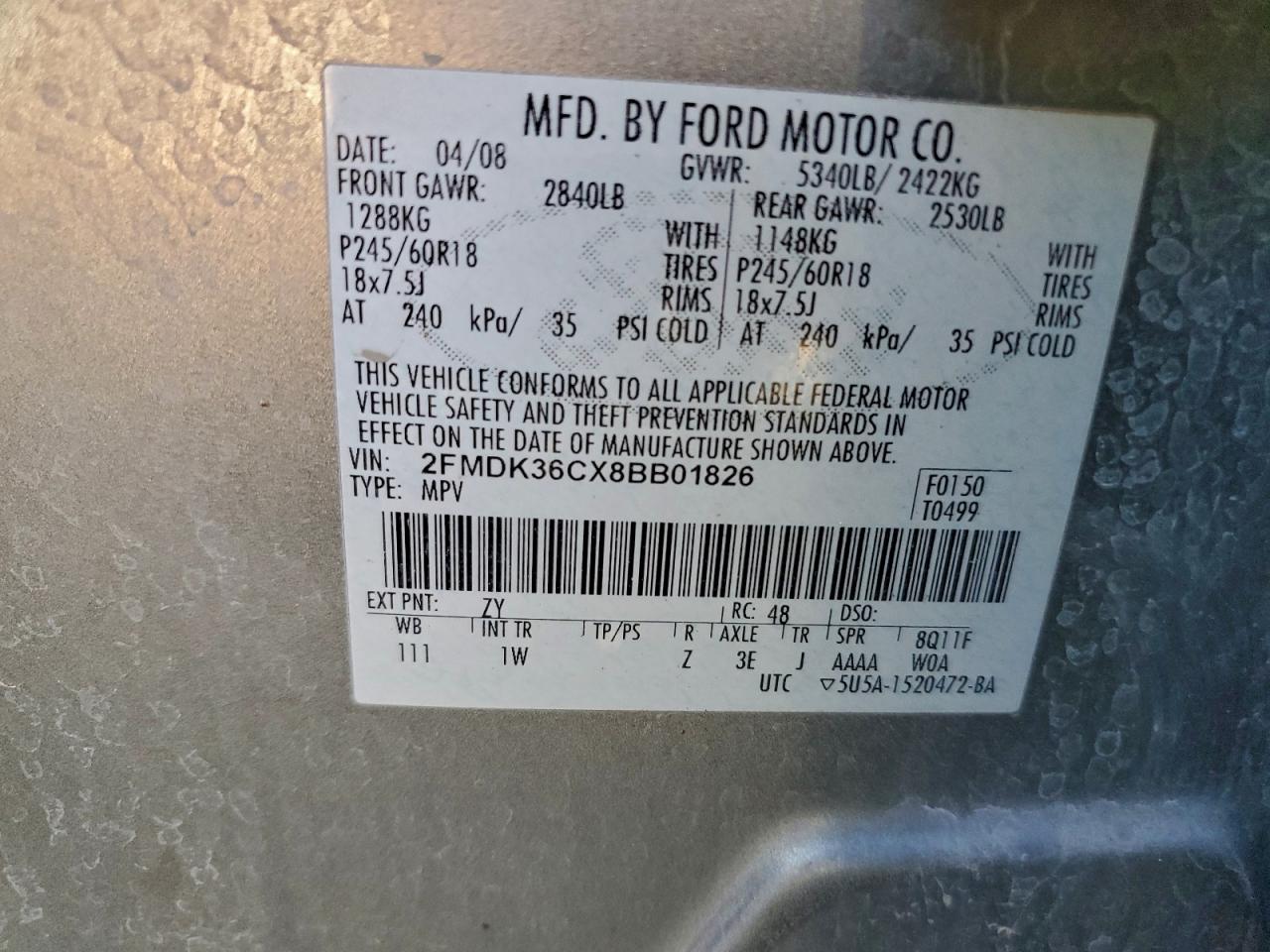 2008 Ford Edge Se VIN: 2FMDK36CX8BB01826 Lot: 93755765