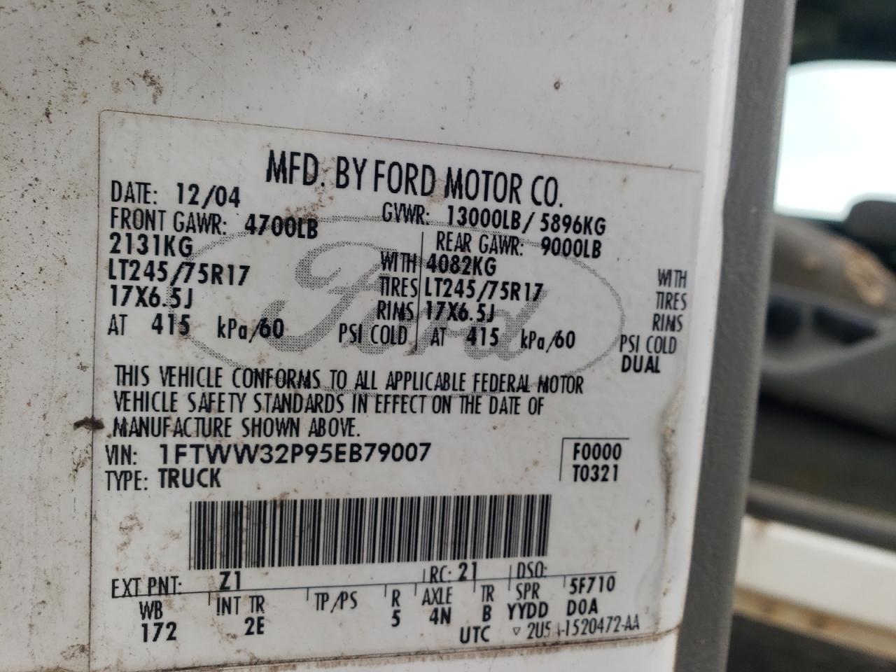 2005 Ford F350 Super Duty VIN: 1FTWW32P95EB79007 Lot: 92268515