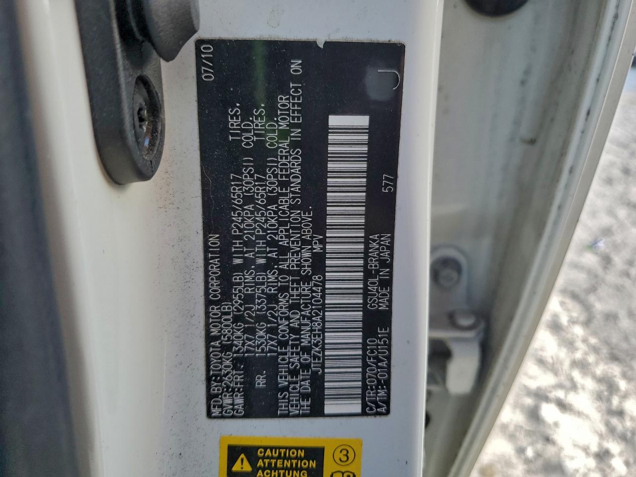 2010 Toyota Highlander VIN: JTEZK3EH8A2104478 Lot: 93943335