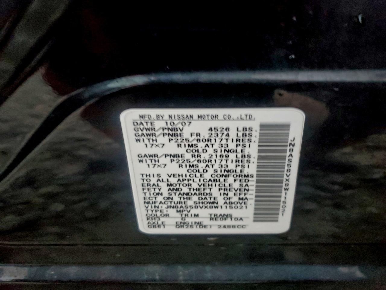 2008 Nissan Rogue S VIN: JN8AS58VX8W115021 Lot: 93723405