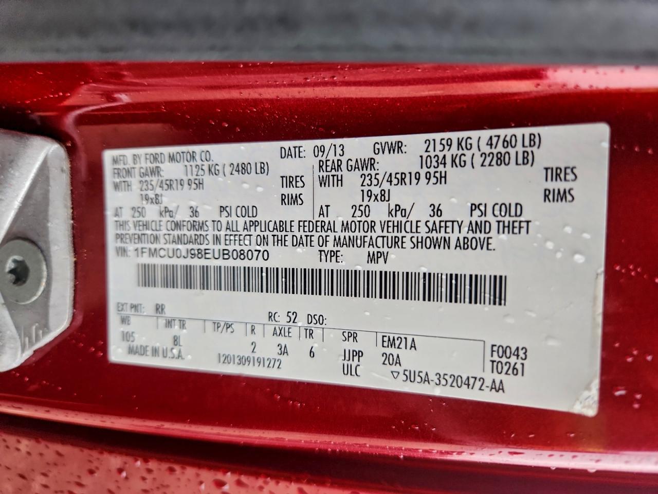 2014 Ford Escape Titanium VIN: 1FMCU0J98EUB08070 Lot: 94054205