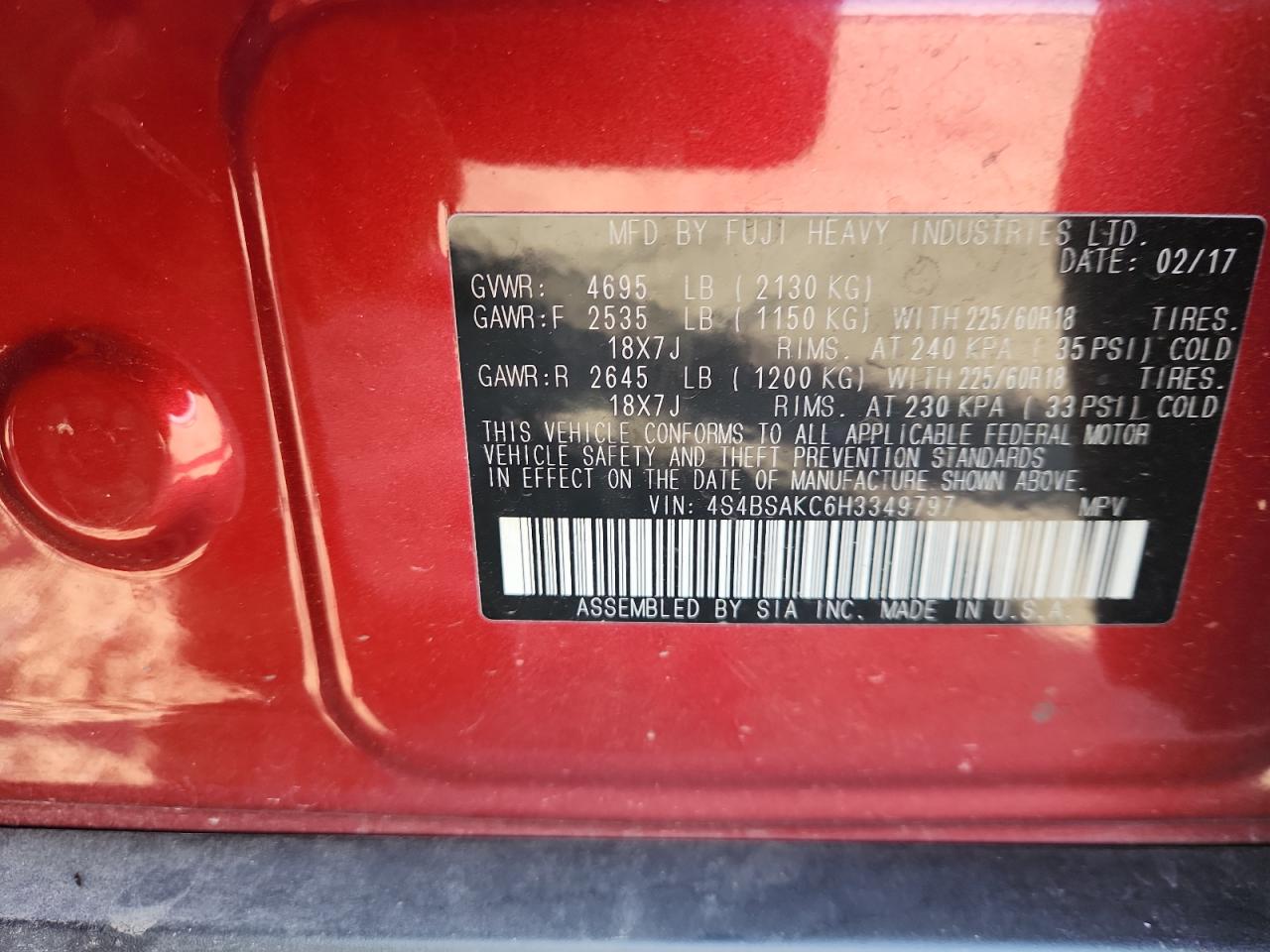 2017 Subaru Outback 2.5I Limited VIN: 4S4BSAKC6H3349797 Lot: 92945315