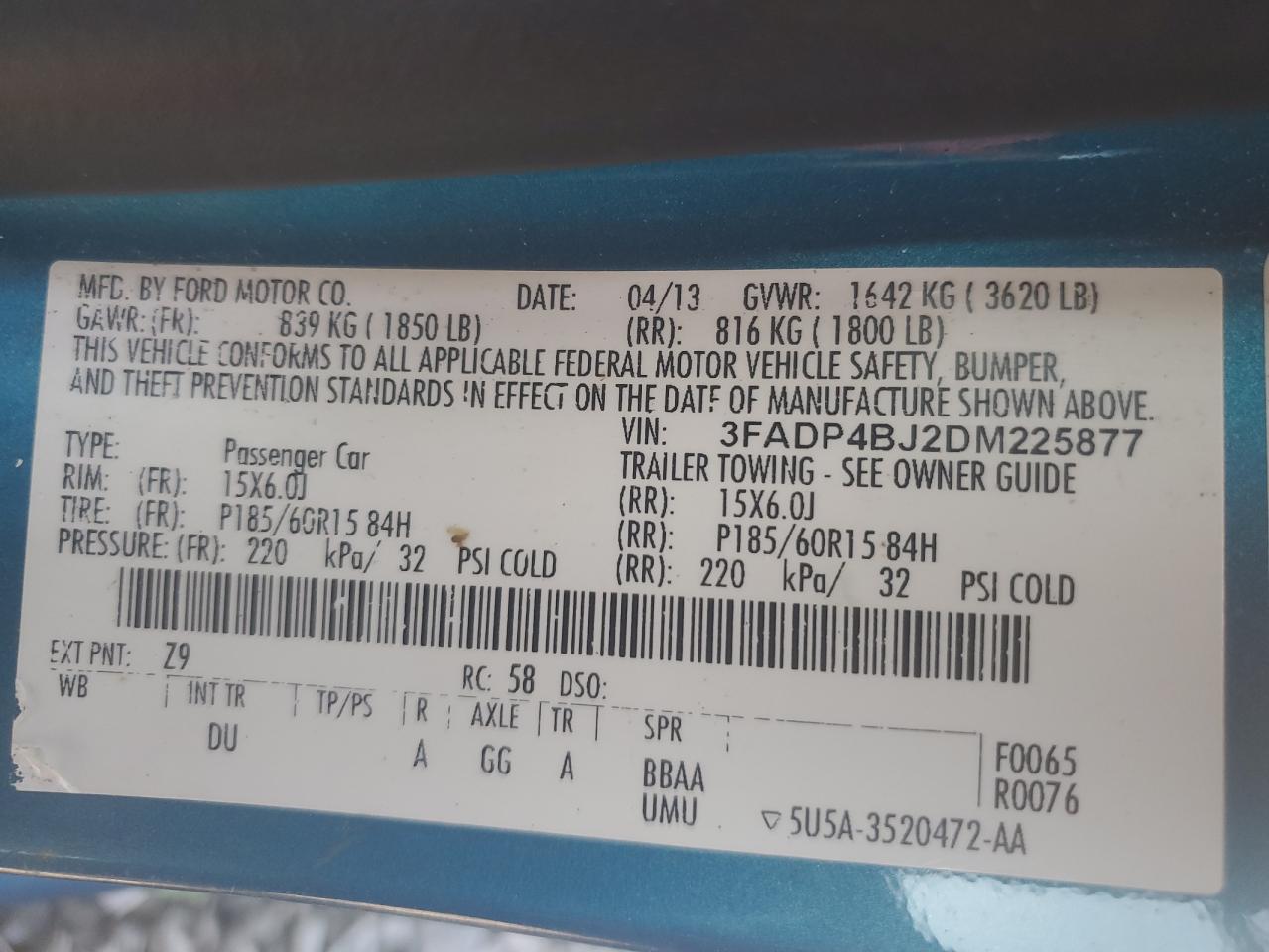 2013 Ford Fiesta Se VIN: 3FADP4BJ2DM225877 Lot: 92671135