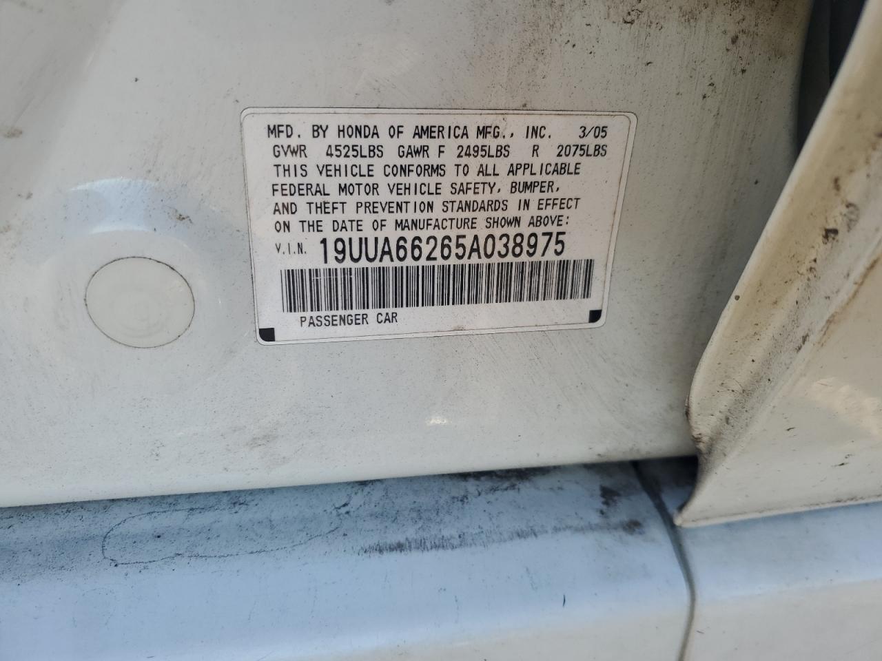 2005 Acura Tl VIN: 19UUA66265A038975 Lot: 93507345