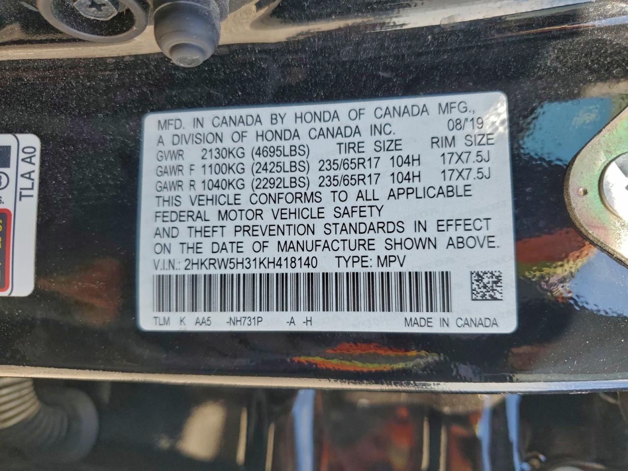 2019 Honda Cr-V Lx VIN: 2HKRW5H31KH418140 Lot: 94154715