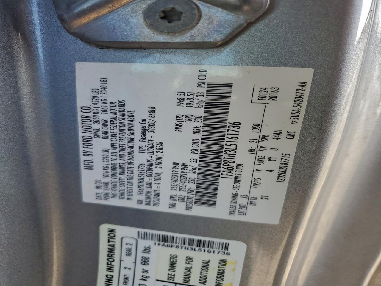 2020 Ford Mustang VIN: 1FA6P8TH3L5161736 Lot: 94457745