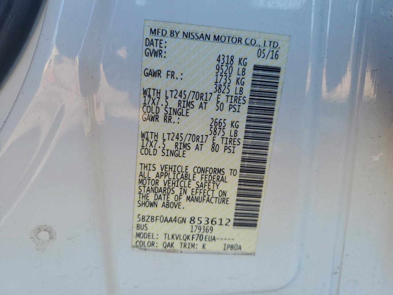 2016 Nissan Nv 3500 S VIN: 5BZBF0AA4GN853612 Lot: 91742545