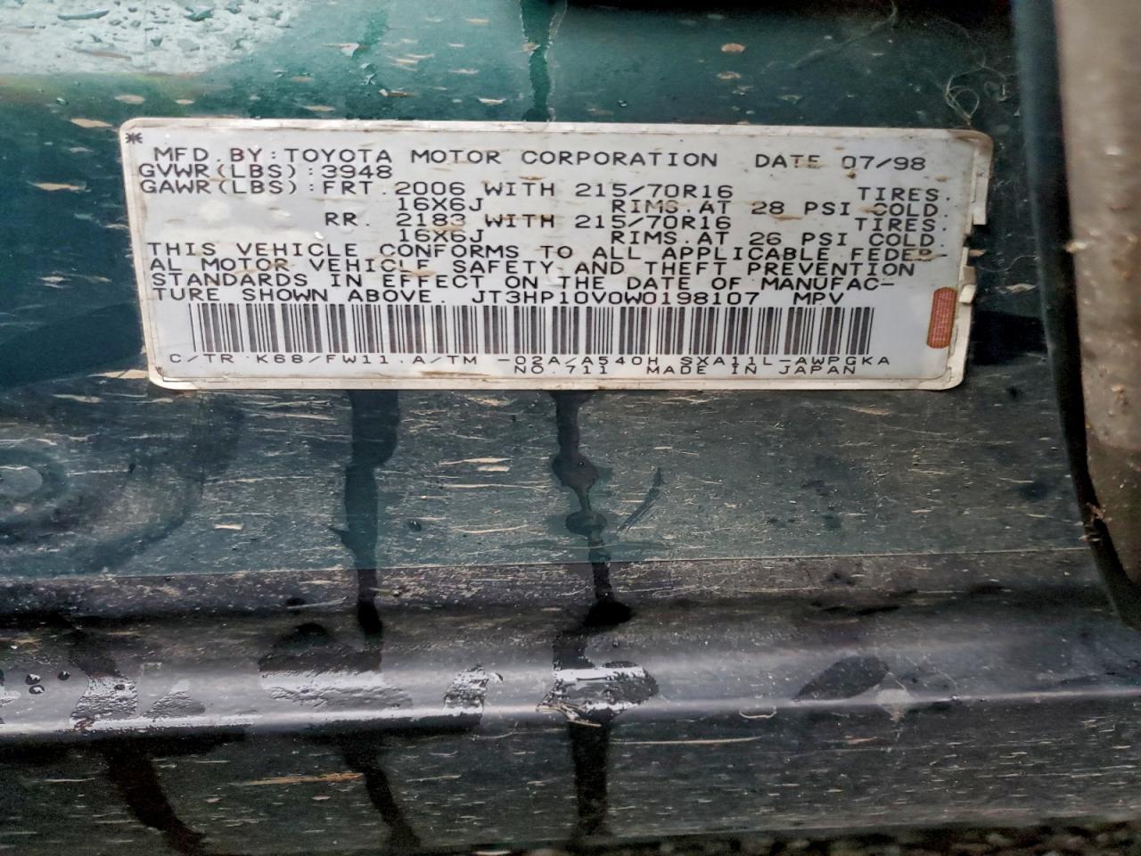 1998 Toyota Rav4 VIN: JT3HP10V0W0198107 Lot: 93528915