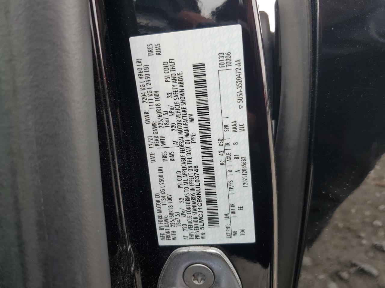 2022 Lincoln Corsair VIN: 5LMCJ1C99NUL03748 Lot: 93273275