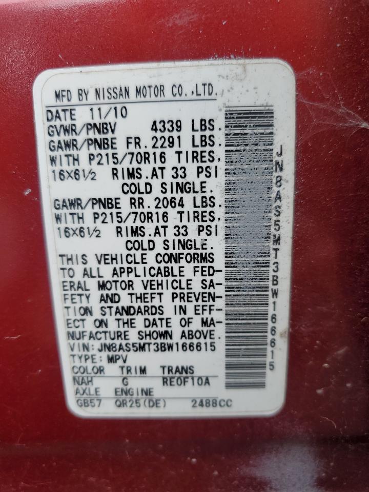 2011 Nissan Rogue S VIN: JN8AS5MT3BW166615 Lot: 92164285