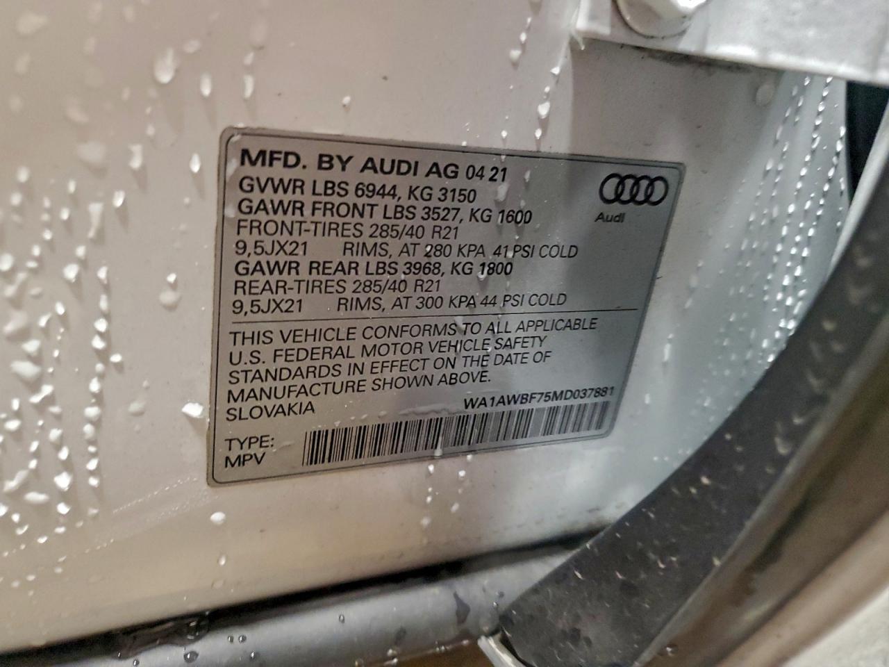 2021 Audi Sq7 Premium Plus VIN: WA1AWBF75MD037881 Lot: 94578875
