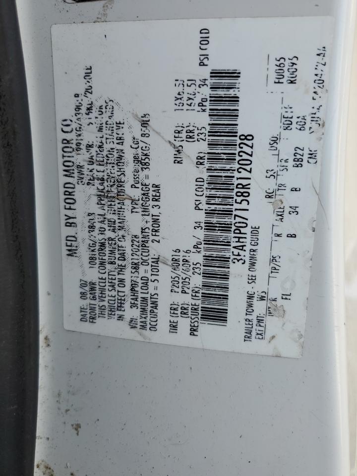 2008 Ford Fusion Se VIN: 3FAHP07158R120228 Lot: 92930525