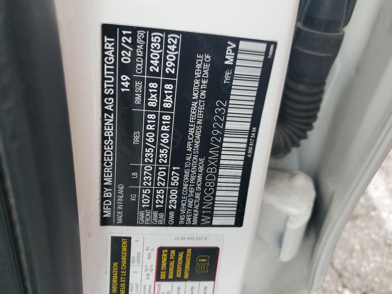 2021 Mercedes-Benz Glc 300 VIN: W1N0G8DBXMV292232 Lot: 91081115