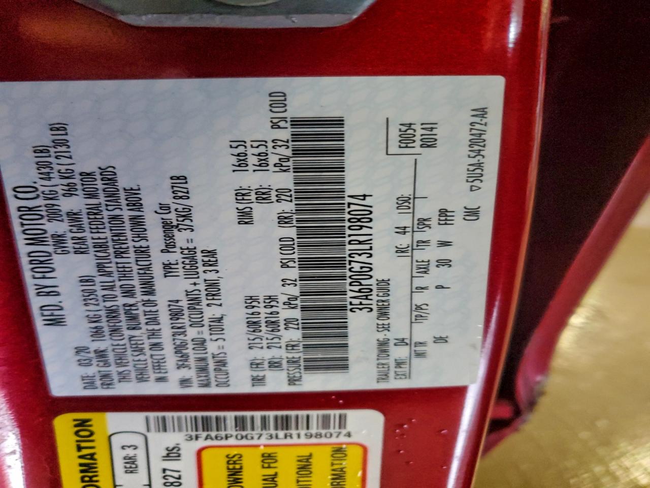 2020 Ford Fusion S VIN: 3FA6P0G73LR198074 Lot: 94282455