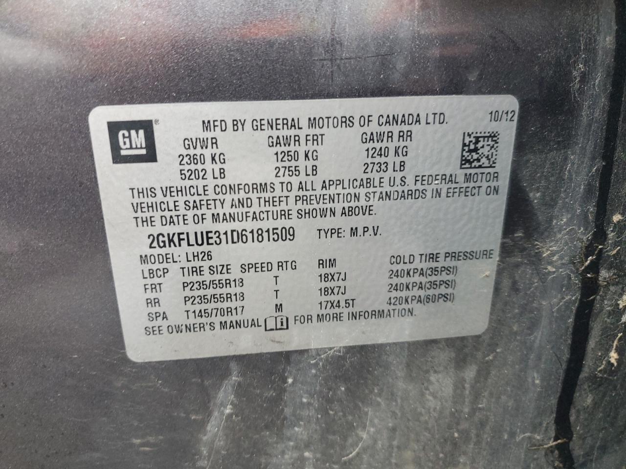 2013 GMC Terrain Slt VIN: 2GKFLUE31D6181509 Lot: 91462275